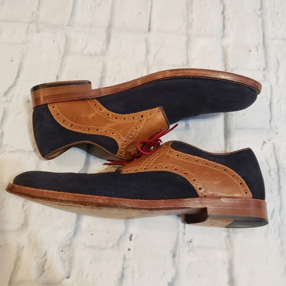 Johnston & Murphy Blue and Tan Oxfords with Red Laces - Picture 2 of 13